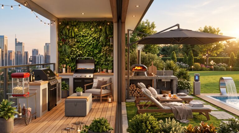 Área de lazer moderna comparando apartamento e casa com churrasqueira elétrica, forno de pizza, jardim vertical, ombrelone e espaço aconchegante para aproveitar o fim de semana.