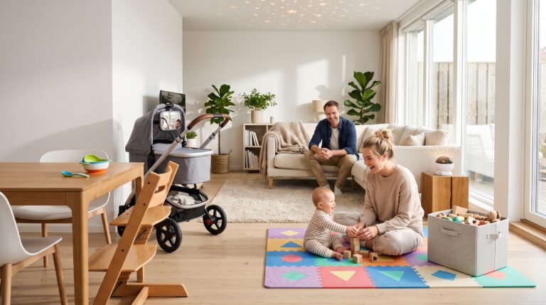 Família com bebê em uma sala moderna e organizada utilizando produtos que facilitam a rotina, promovem segurança infantil e mais conforto para pais e mães.