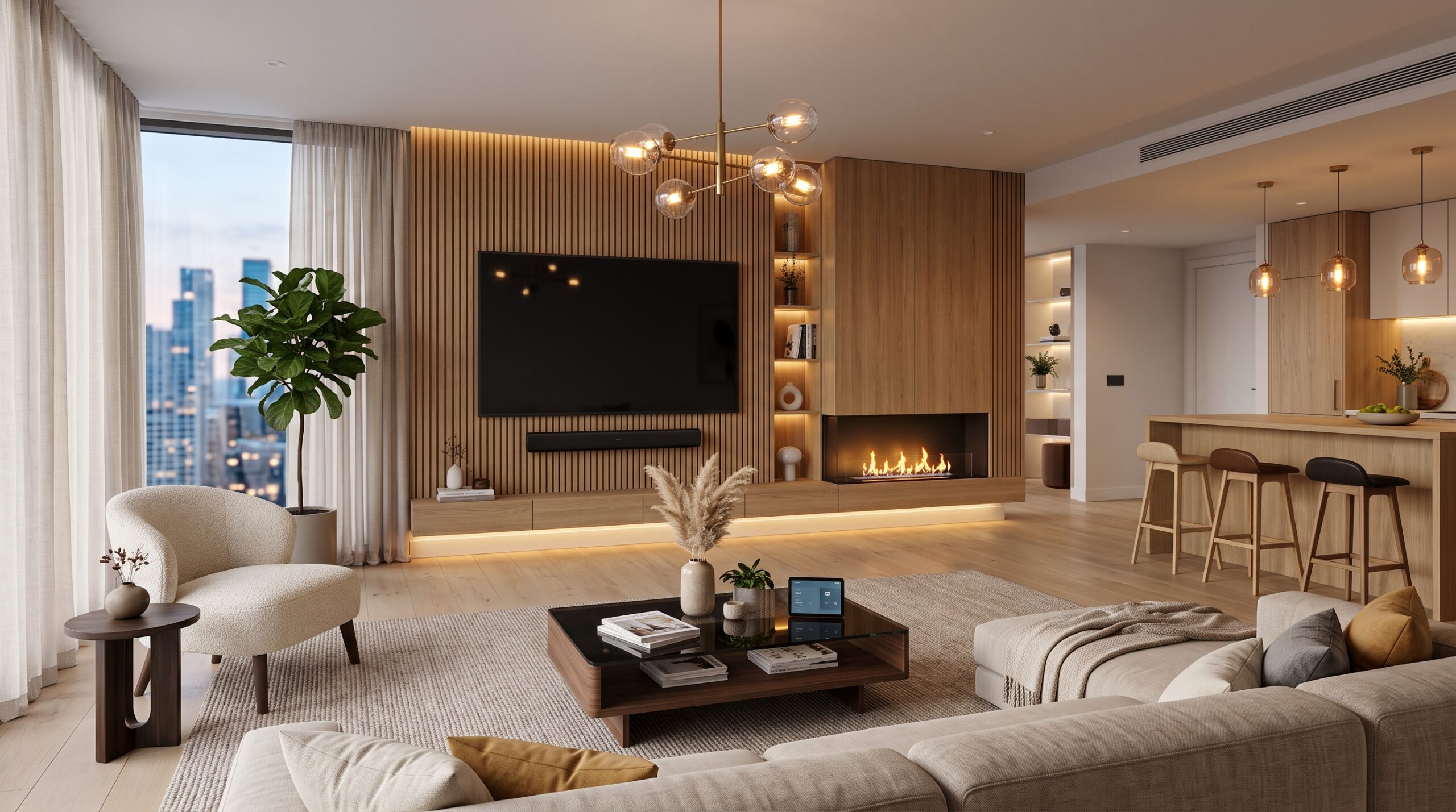 Sala de estar moderna com sofá confortável, Smart TV, soundbar, lustre pendente, lareira ecológica, poltrona de design e decoração sofisticada.