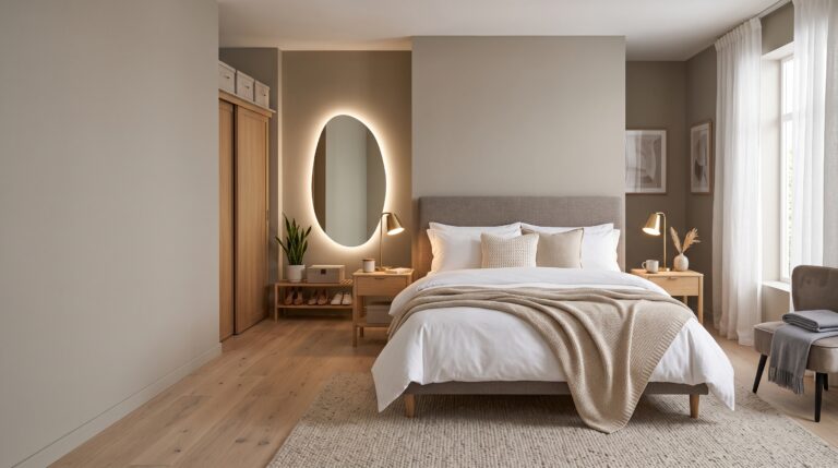 Quarto de casal moderno com decoração elegante, cama confortável, iluminação aconchegante e móveis sofisticados inspirados em hotel 5 estrelas.