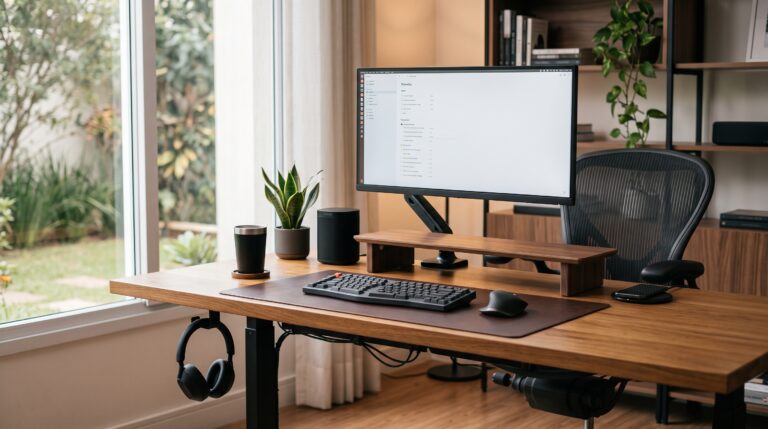 Home office moderno com mesa organizada, monitor elevado, acessórios ergonômicos, iluminação aconchegante e setup produtivo para trabalho e estudos.