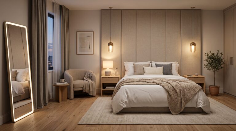 Quarto de casal moderno inspirado em hotel cinco estrelas, com cabeceira estofada, espelho com LED, iluminação aconchegante, cortinas blackout e decoração sofisticada.