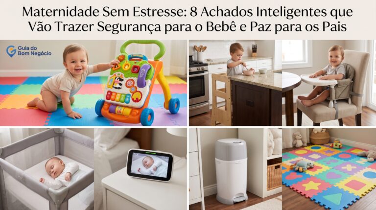 Bebê brincando em um tapete de tatame colorido em uma sala limpa e iluminada, representando segurança e produtos para maternidade sem estresse.