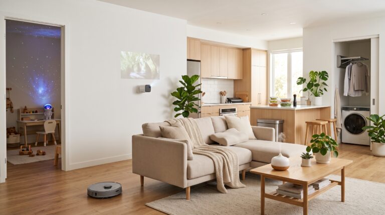 Sala e cozinha modernas com produtos inteligentes para organização, limpeza, conforto e automação residencial em um ambiente contemporâneo.