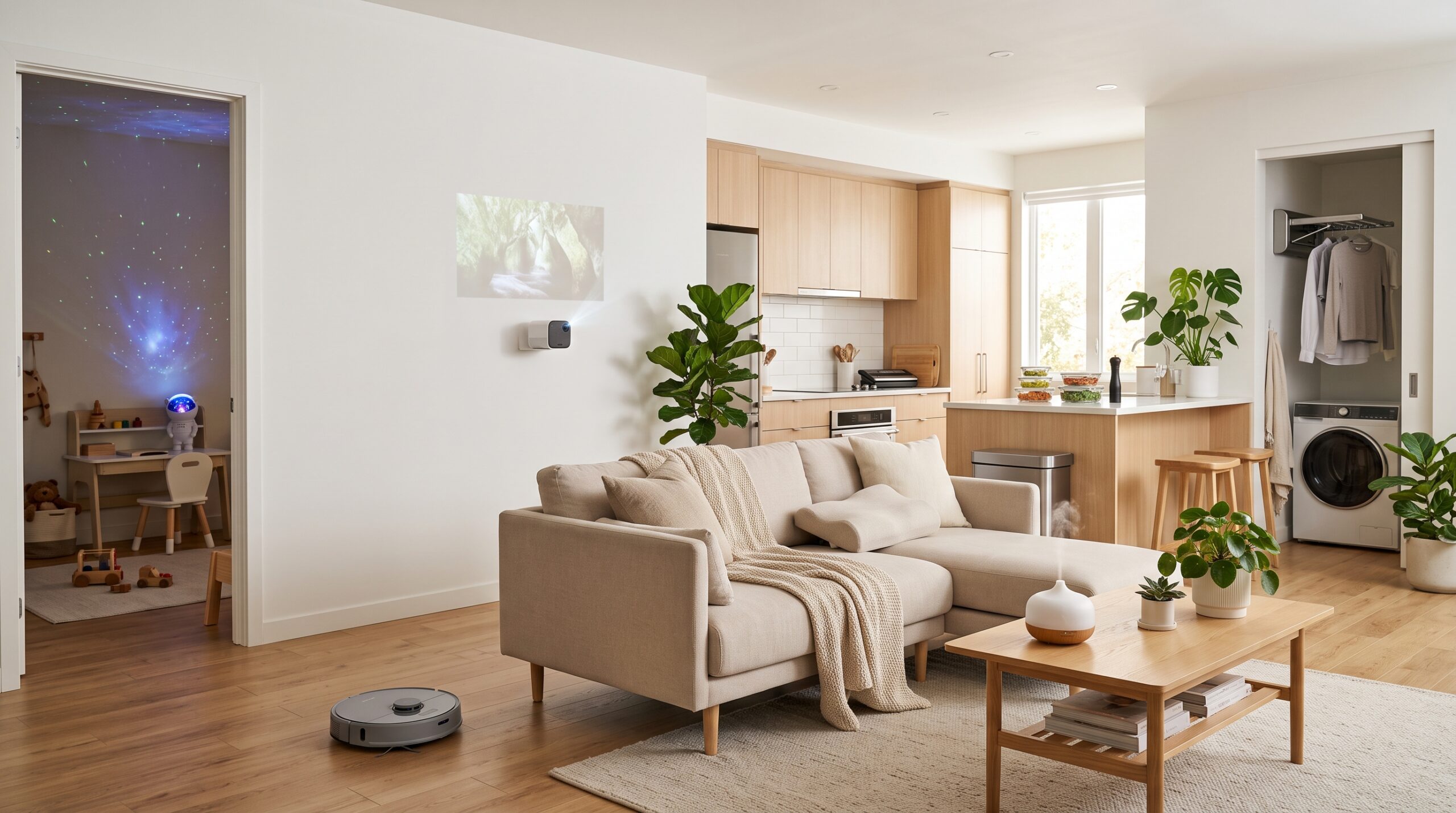 Sala e cozinha modernas com produtos inteligentes para organização, limpeza, conforto e automação residencial em um ambiente contemporâneo.