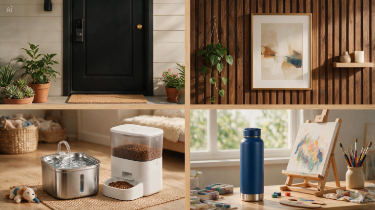 Colagem de produtos para casa: plantas de entrada, parede ripada, alimentador de pets e garrafa térmica.