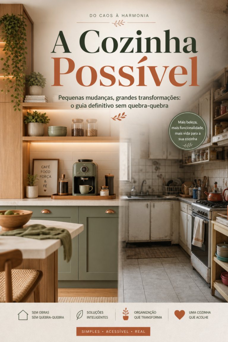 Uma divisão visual mostrando duas realidades de uma cozinha: de um lado, um ambiente desorganizado e desgastado; do outro, uma cozinha totalmente renovada, organizada e acolhedora com elementos de madeira e um cantinho do café. Ao centro, o título "A Cozinha Possível".