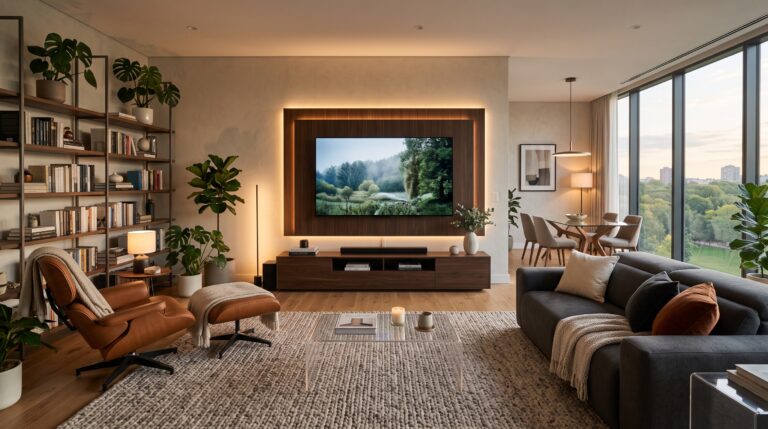 Sala de estar moderna com sofá retrátil, painel para TV com LED, tapete felpudo, mesa de centro, poltrona de design e decoração elegante.