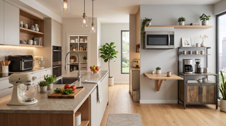 Quarto moderno e aconchegante com cama elegante, espelho com LED, poltrona confortável, iluminação quente e decoração sofisticada para mais conforto e organização.