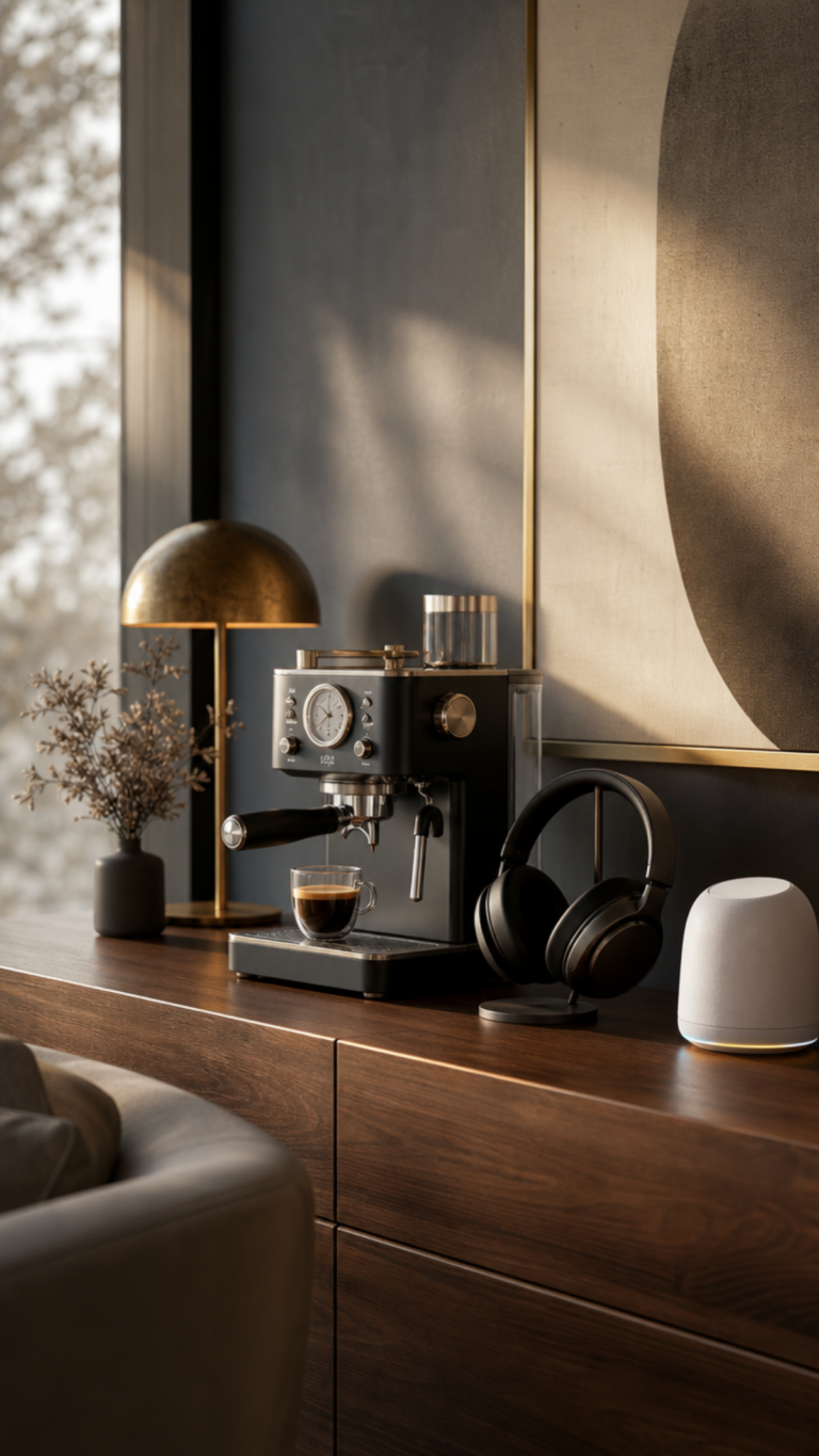 (O mais importante para o Google e para acessibilidade. Deve descrever o que está na foto sem parecer propaganda) Uma fotografia editorial e sofisticada em estilo minimalista de alta decoração, exibindo silhuetas elegantes de produtos premium, como uma cafeteira expressa e fones de ouvido de alto padrão, dispostos sobre um console de madeira com iluminação suave.