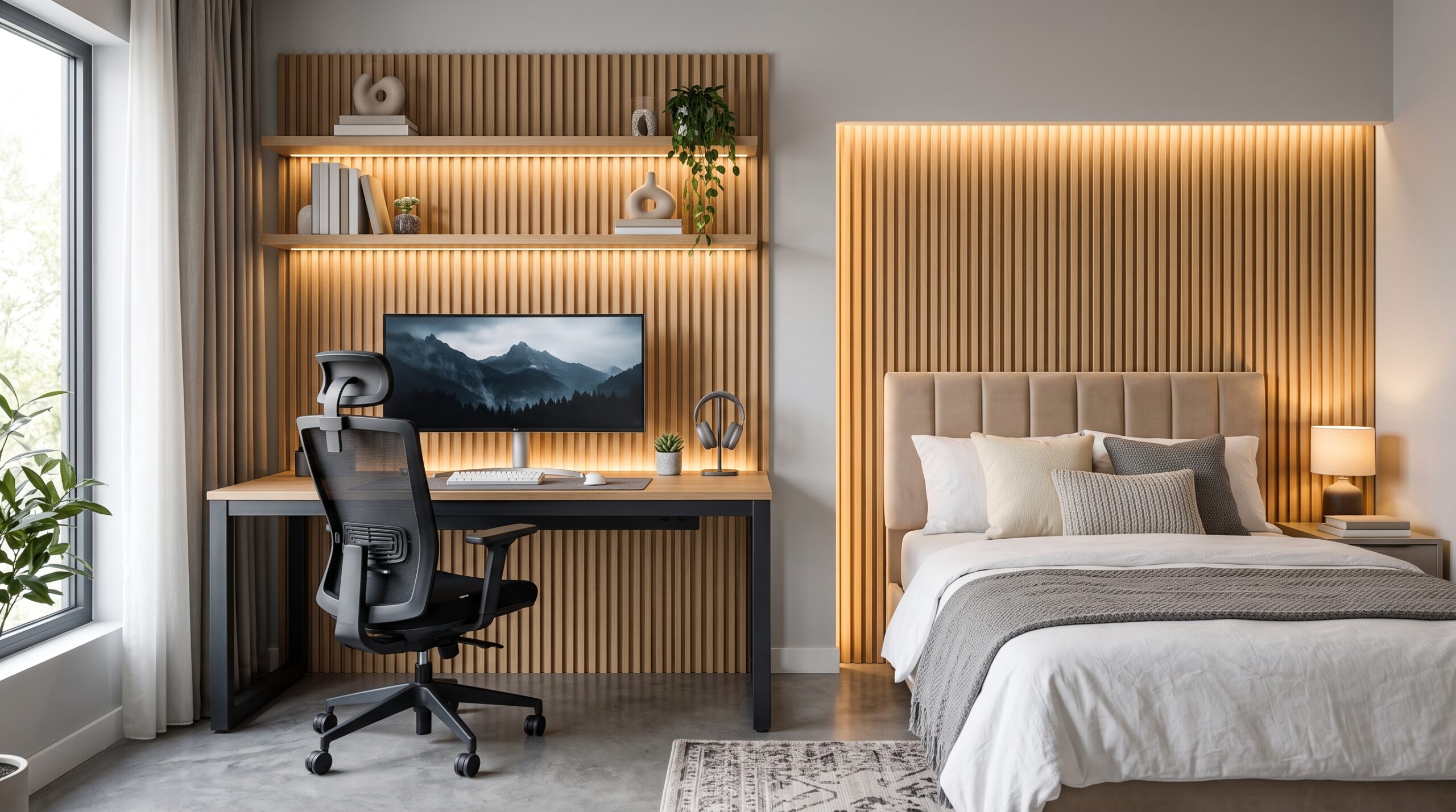 Quarto de adolescente moderno e organizado com escrivaninha industrial, cadeira ergonômica e parede com painel ripado carvalho claro.