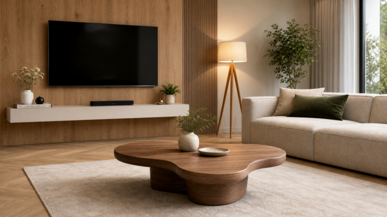 Cenário de estúdio moderno com sofá, TV e mesa orgânica para fundo de capa de review.