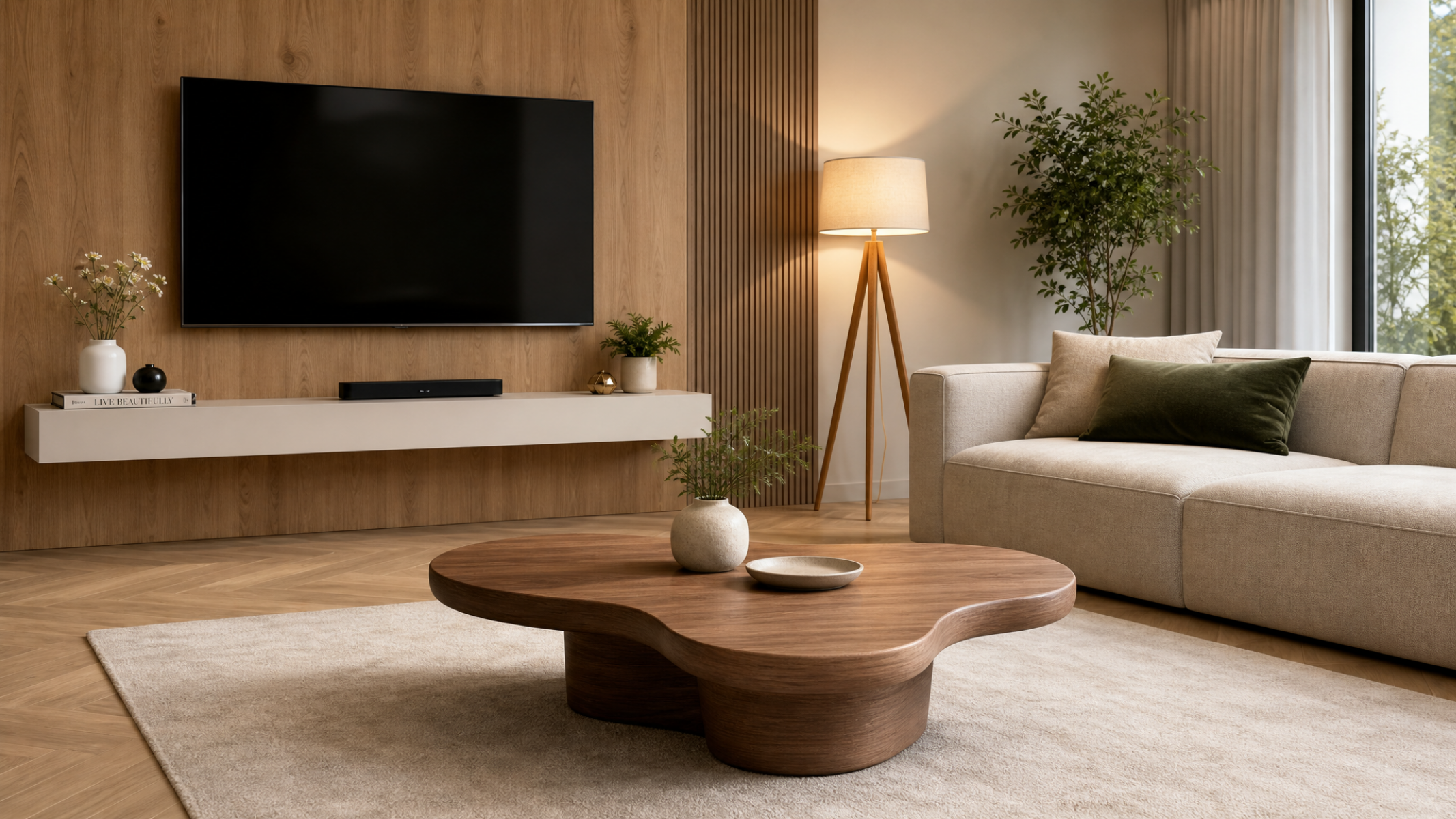 Cenário de estúdio moderno com sofá, TV e mesa orgânica para fundo de capa de review.
