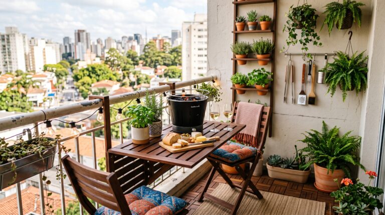 Varanda gourmet pequena em apartamento urbano com mesa retrátil de madeira na grade, banquetas dobráveis, churrasqueira portátil de mesa e plantas decorativas em horta vertical.