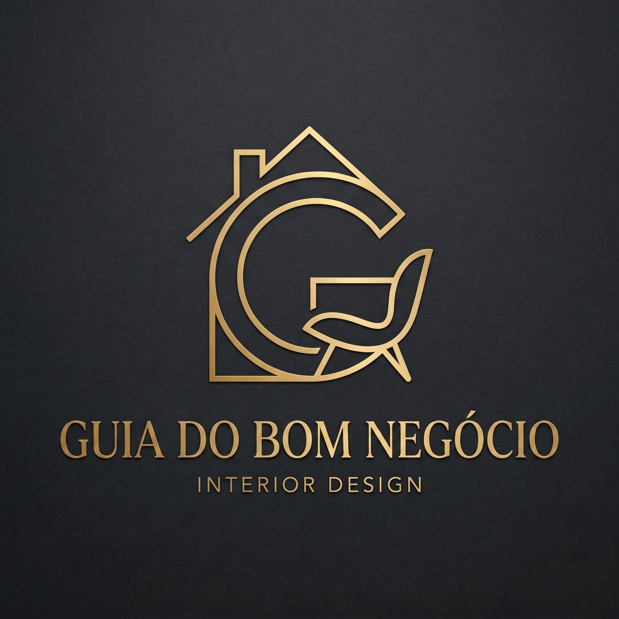 Logotipo dourado do Guia do Bom Negócio em formato minimalista com a letra G, contorno de casa e poltrona sobre fundo escuro.