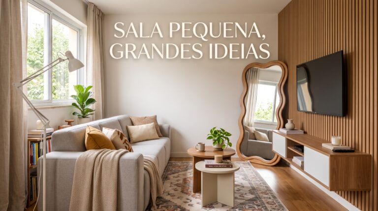 Sala de estar pequena e moderna decorada com sofá cinza, painel ripado para TV, rack suspenso off-white, espelho orgânico de chão e iluminação natural.