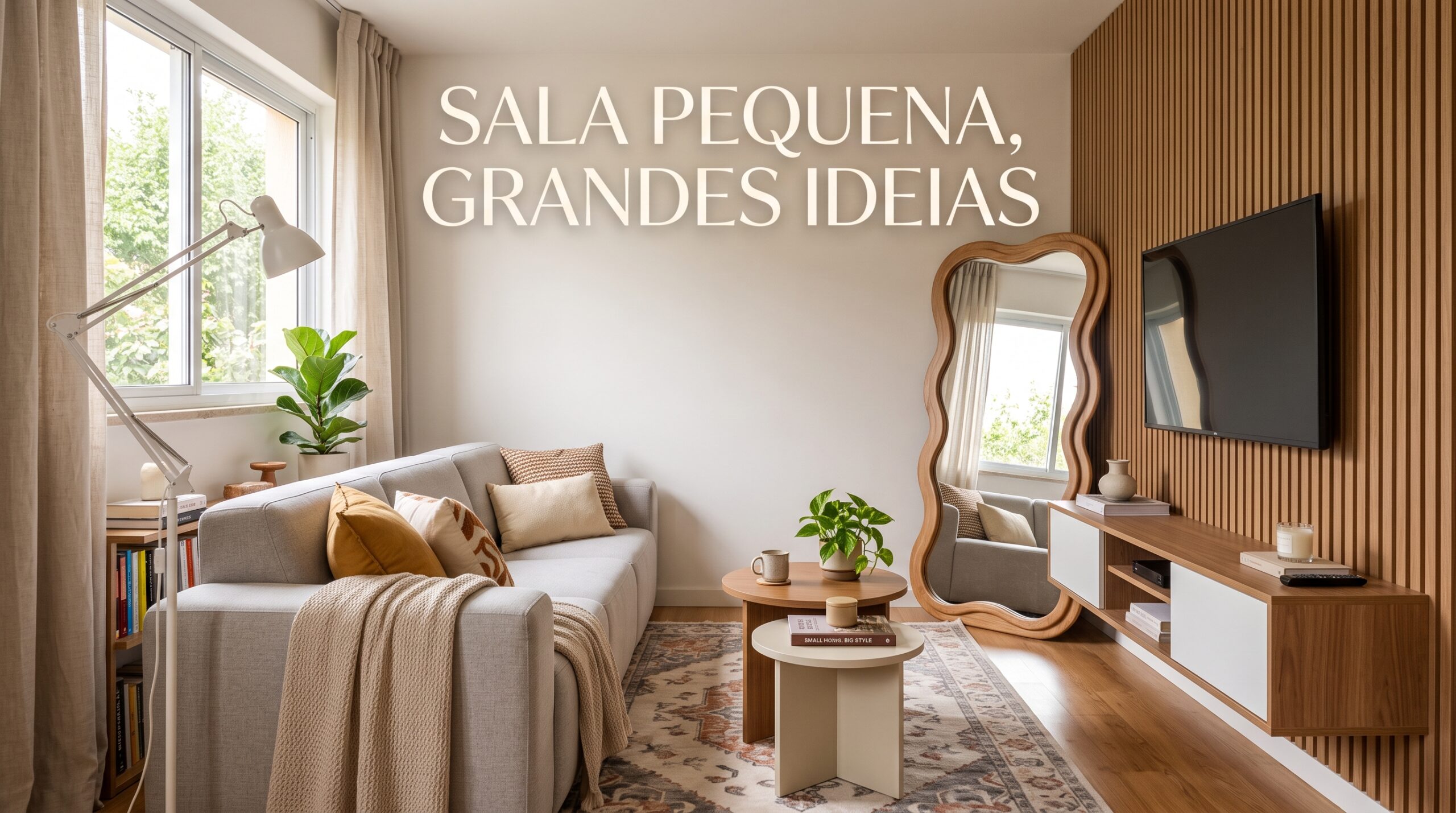 Sala de estar pequena e moderna decorada com sofá cinza, painel ripado para TV, rack suspenso off-white, espelho orgânico de chão e iluminação natural.