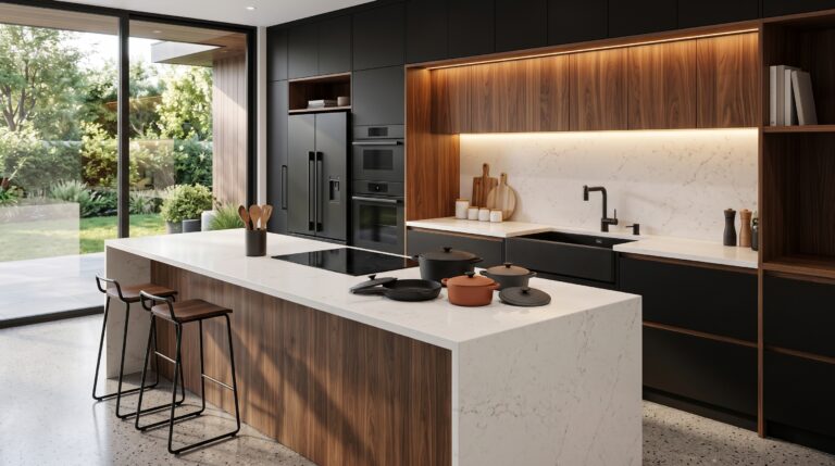 Cozinha planejada moderna com móveis pretos de embutir, cuba gourmet em inox e iluminação LED