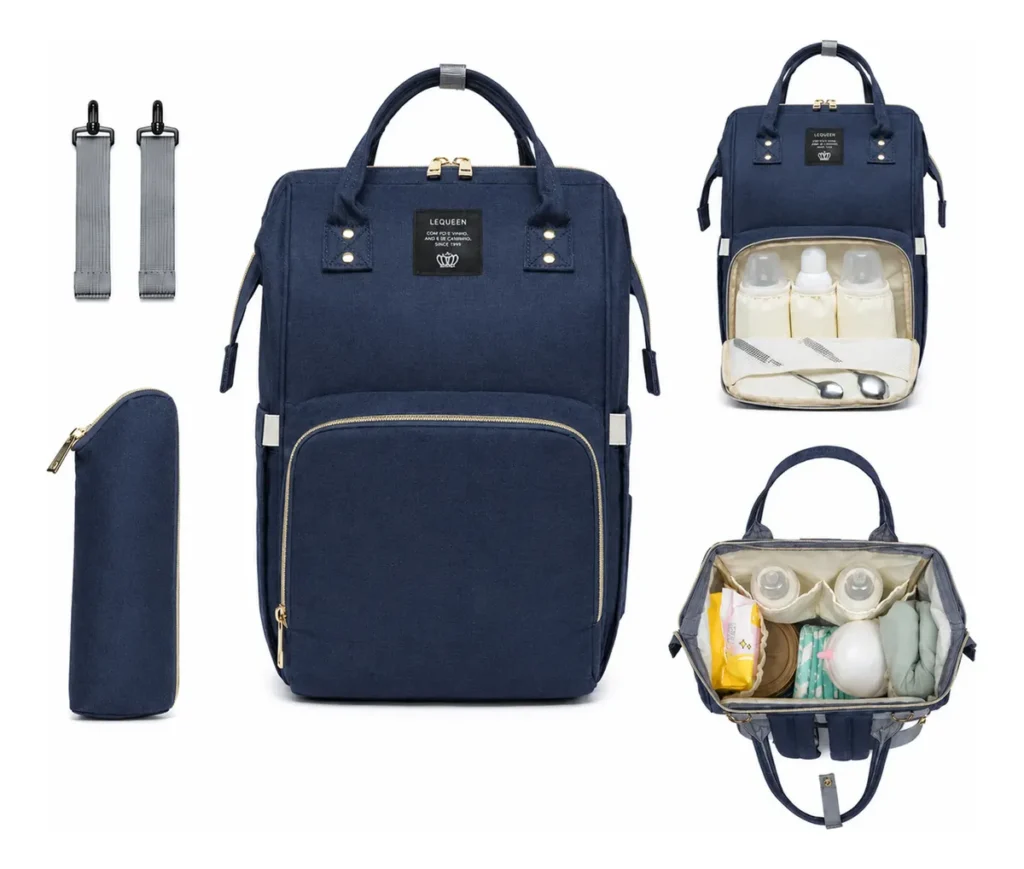Mochila bolsa maternidade cinza multifuncional com bolsos térmicos frontais e divisórias organizadoras.