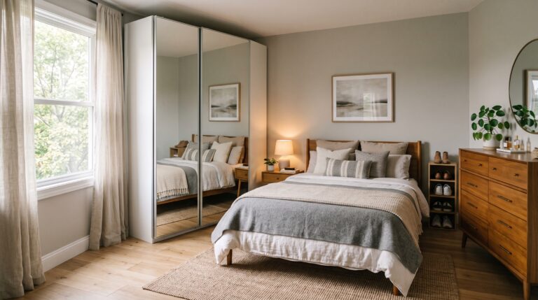 Fotografia de um quarto de casal pequeno, moderno e organizado, destacando um guarda-roupa com portas de correr espelhadas, uma cômoda de madeira e uma sapateira vertical sob iluminação natural.