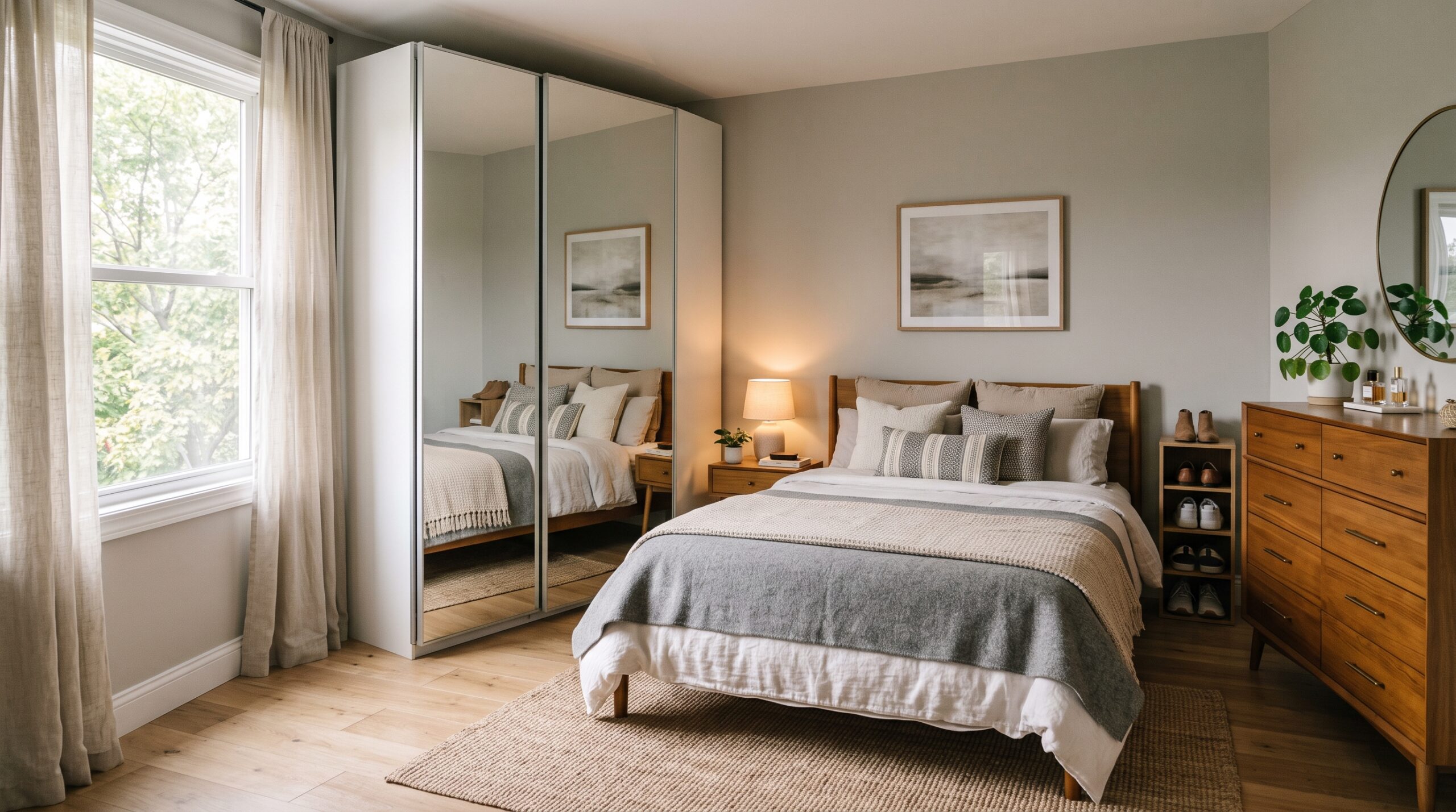 Fotografia de um quarto de casal pequeno, moderno e organizado, destacando um guarda-roupa com portas de correr espelhadas, uma cômoda de madeira e uma sapateira vertical sob iluminação natural.