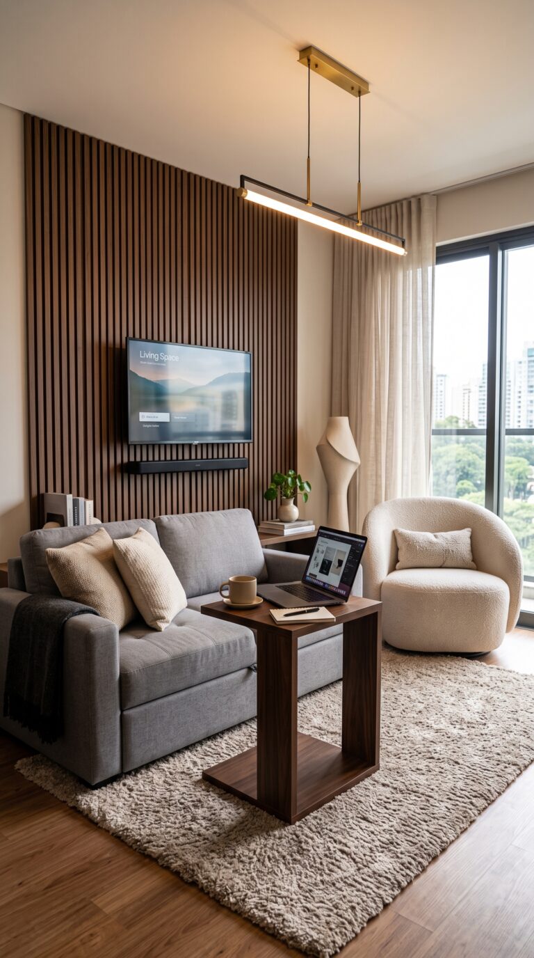 Sala de estar moderna decorada com sofá retrátil cinza, tapete felpudo bege, mesa de apoio lateral para notebook, poltrona de design orgânico, pendente de teto LED e painel com Smart TV e soundbar.