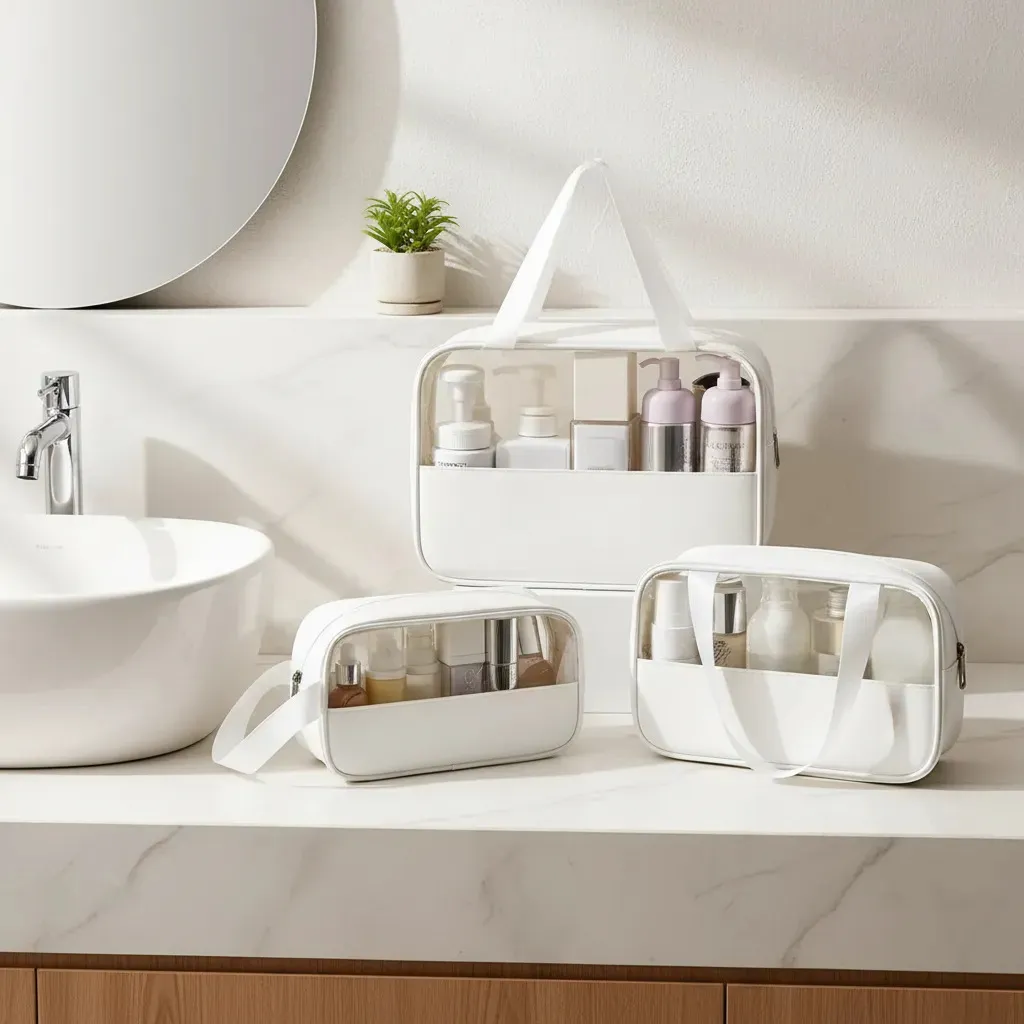 Texto Alternativo: Conjunto com 3 necessaires organizadoras de viagem impermeáveis de tamanhos diferentes para maquiagem e itens de higiene pessoal.