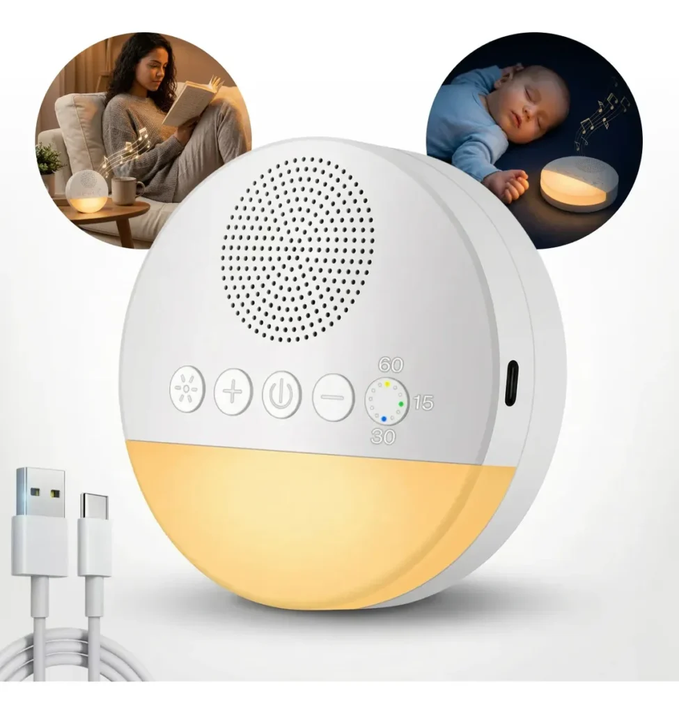 Aparelho portátil gerador de ruído branco para sono de bebê com luz noturna e botões de controle.