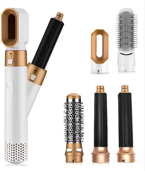 Texto Alternativo: Kit de secador de cabelo multifuncional 5 em 1 com cabos e bocais intercambiáveis para alisar, secar e modelar os fios.