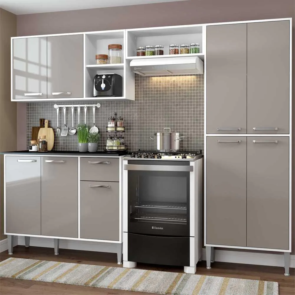 Armário de cozinha compacta Multimóveis Xangai em branco e laca fumê com nicho para micro-ondas