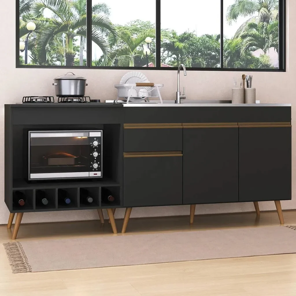 Balcão para pia e cooktop Veneza preto da Multimóveis para otimização de cozinha compacta