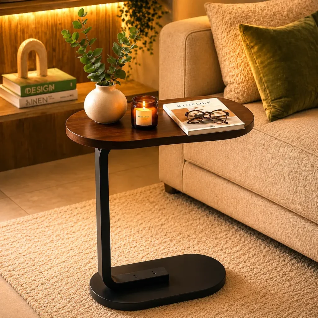 Mesa de apoio lateral em formato C para sofá, em madeira e estrutura de metal, servindo de suporte para notebook e xícara de café em uma sala pequena.