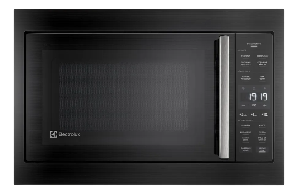 Micro-ondas de embutir Electrolux 34L preto instalado em armário de cozinha planejada moderna