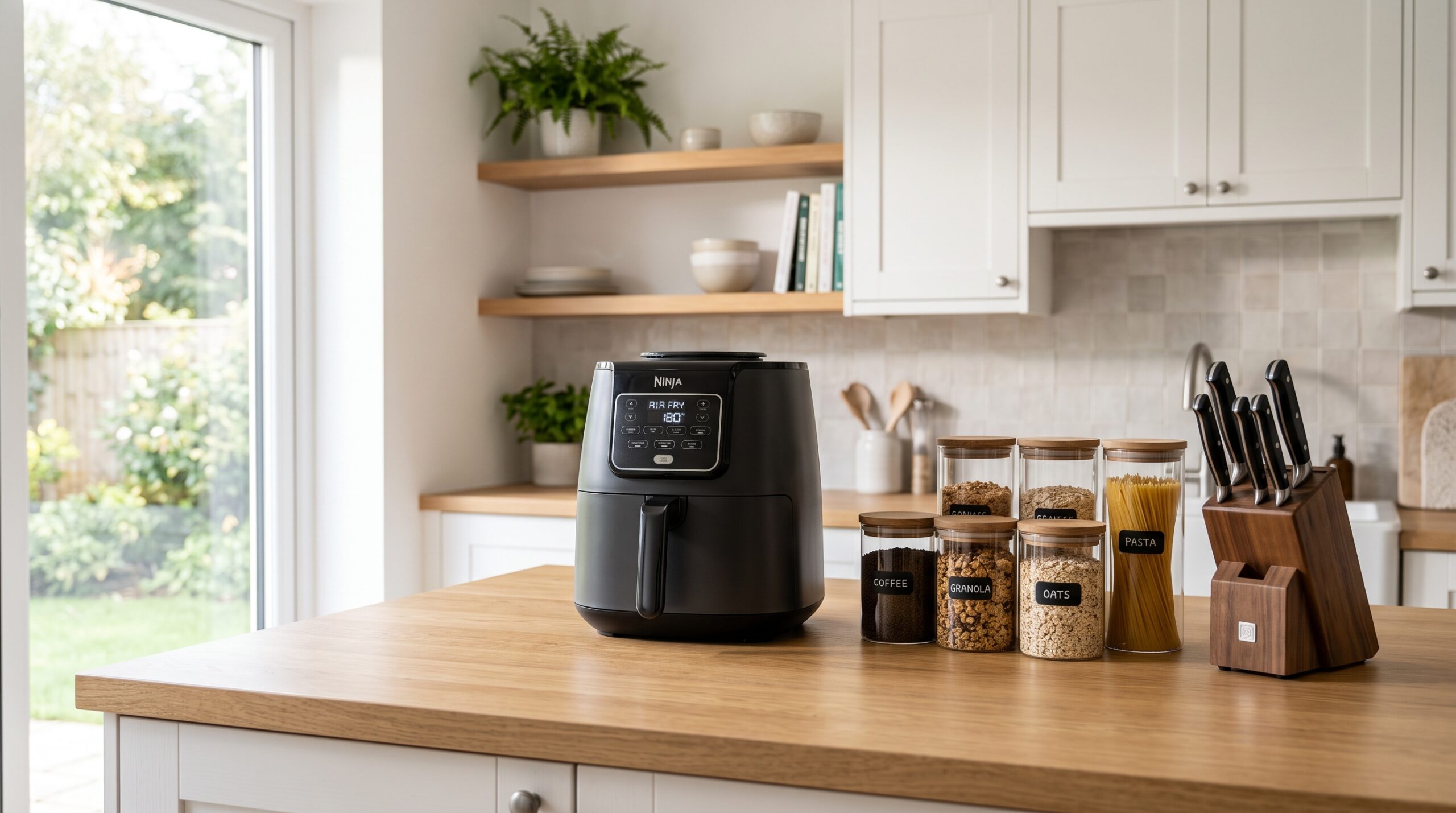 Visão geral de uma cozinha moderna e iluminada com eletrodomésticos e utensílios organizados na bancada, como air fryer, potes herméticos e kit de facas.