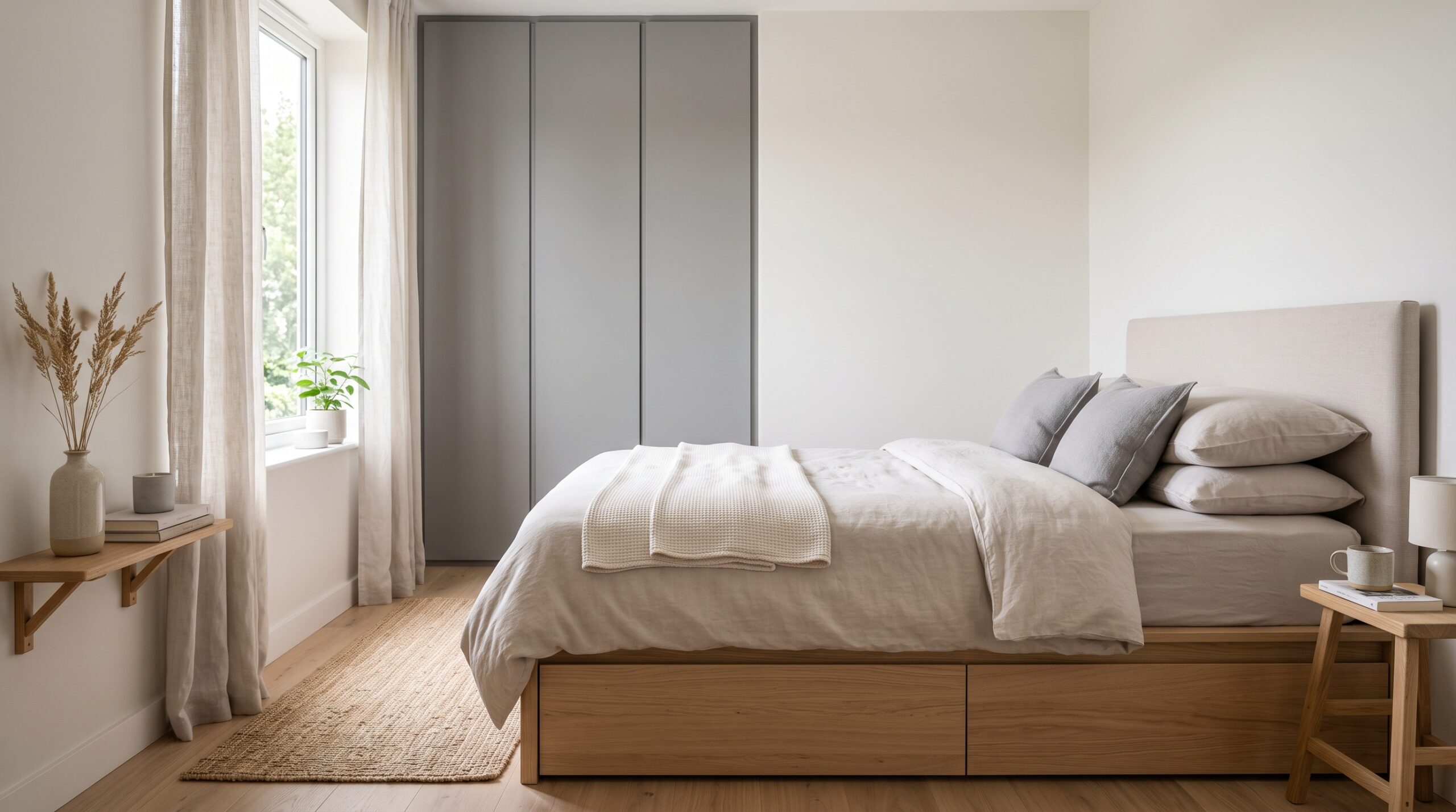 Infográfico comparativo com 8 produtos essenciais para organizar um quarto de casal pequeno e otimizar o espaço disponível.