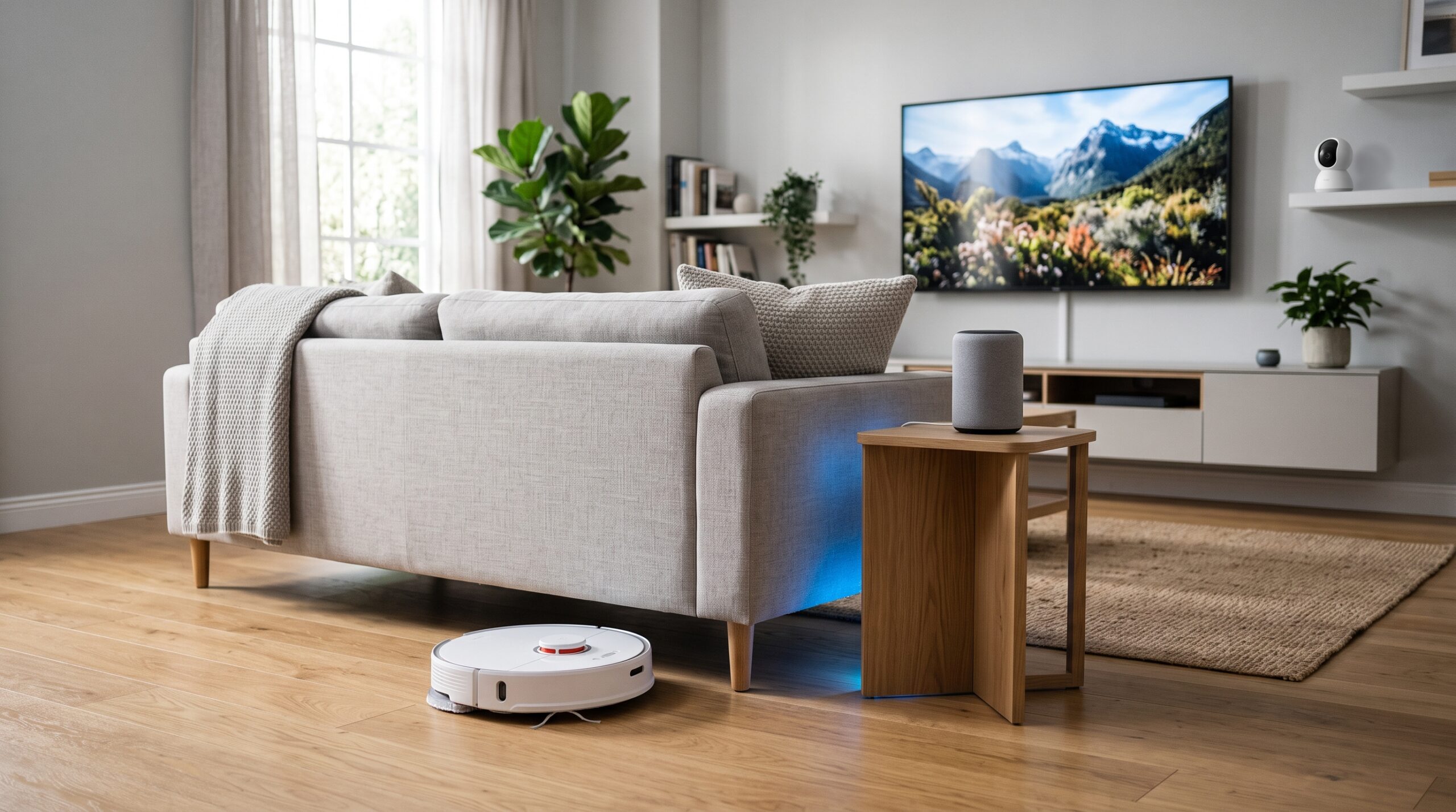 Sala de estar moderna e automatizada com aspirador robô no piso de madeira, fita de LED em tom azul suave sob a mesa de apoio, assistente de voz e câmera de segurança compacta em uma prateleira ao fundo.